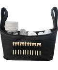 Front view of Golf Push Cart Accessory Bag with 12 Pockets, showing golf balls and tees, universal fit with bottle and towel slots.