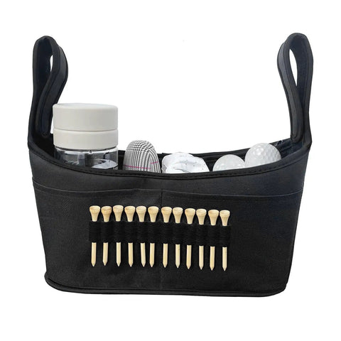 Front view of Golf Push Cart Accessory Bag with 12 Pockets, showing golf balls and tees, universal fit with bottle and towel slots.