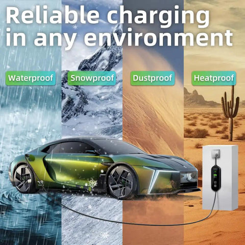 Electric car connected to Level 1 and Level 2 EV Charger for home use in varied weather conditions: waterproof, snowproof, dustproof, heatproof.