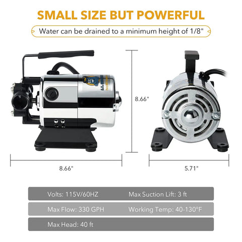 Dimensions of Self Priming Portable Electric Water Transfer Pump 115V 330GPH With Suction Hose Kit, Handy Utility Pump