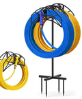 Heavy Duty Garden Hose Holder With Dual Hose Storage Holds 160 Ft Per Hose Freestanding Hose Reel Stand 90 Degree Rotatable Hook 4 Ground Spikes Outdoor Yard Lawn Sturdy Hose Organizer, shown with blue and yellow hoses.