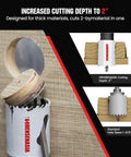 Heavy Duty Top Tier Bi Metal Hole Saw Kit Featuring 30 Piece Tool Set With 10 Inch Extension for 2 inch cutting depth in wood.