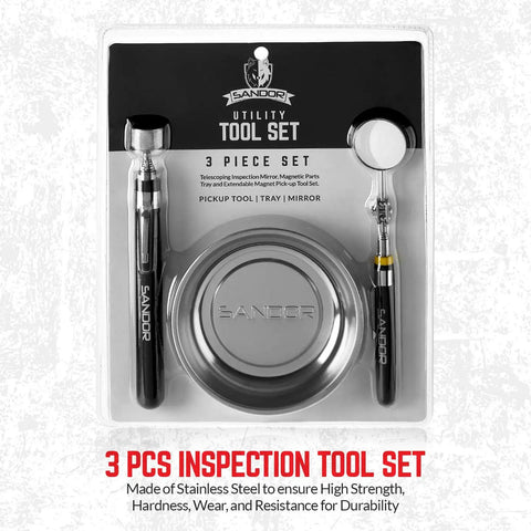 Must Have 3 Piece Magnetic Parts Tray Kit With Telescoping Inspection Mirror And Extendable Magnet Pick Up Tool For Screws Bolts Nuts Washers Pins And Other Small Metal Parts For Everyday Garage Or Workshop Use, stainless steel set on package