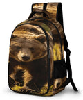 Forest Striding Brown Bear Printed Unisex Backpack with large capacity for hiking and outdoors made from durable polyester.