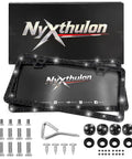 Glitzy License Plate Frame Set For Women, Two-Pack Premium Stainless Steel Rhinestone Car Tag Holders displayed with accessories.