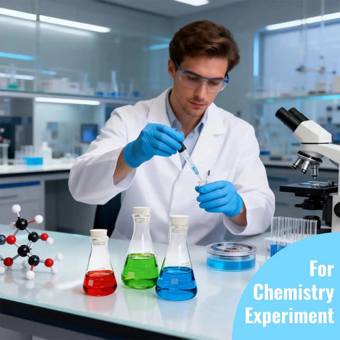 Scientist using Go To Lab Erlenmeyer Flask Set With Borosilicate Glass in chemistry experiment, lab setting