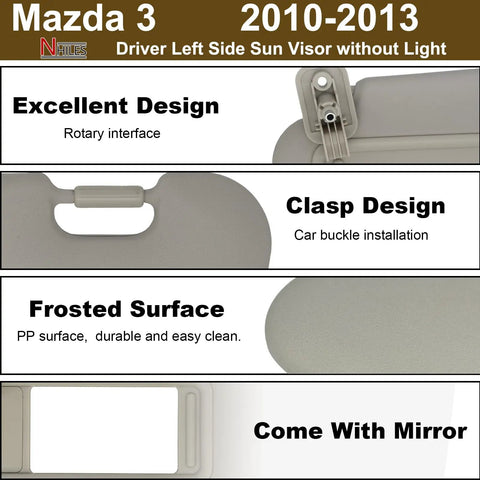 Left Driver Side Sun Visor for Mazda 3 2010-2013 without Light, featuring a frosted surface, clasp design, and built-in mirror.