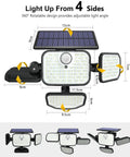 Diagram of 2 Pack Solar Motion Sensor Outdoor Security Lights With 4 Adjustable Heads, 286 LEDs Delivering 3000 Lumens, IP65 Waterproof White Finish, 300 Degree Coverage, Wall Mount Garage Flood Light That Really Lights Up showing dimensions and solar panel.