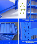 Heavy Duty Four Tier Garage Shelving Rack With Rock Solid Steel Frame and Fully Adjustable Metal Platforms Built Tough, showing reinforced shelves and design features.