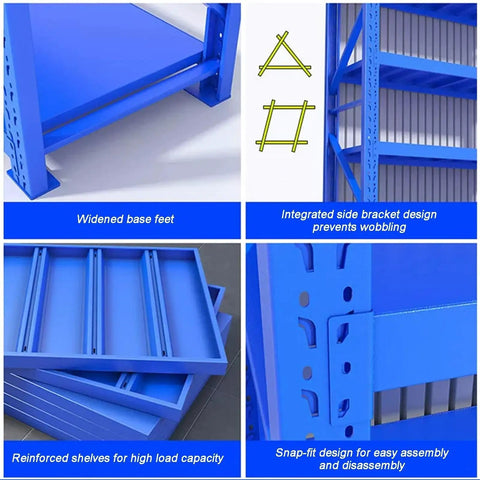 Heavy Duty Four Tier Garage Shelving Rack With Rock Solid Steel Frame and Fully Adjustable Metal Platforms Built Tough, showing reinforced shelves and design features.