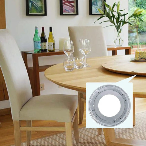 Beefy 12 Inch Lazy Susan Bearings Set With 5/16 Inch Thick Turntable on dining table, zinc plated steel, 360 degree swivel plate for rotating tables.