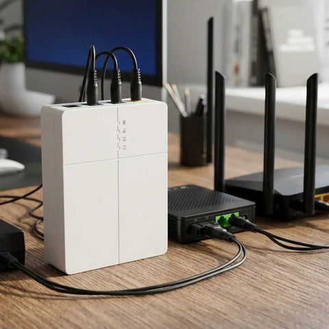Keep The Wifi Alive With This Solid 7800mAh UPS Battery Backup powers your router and modem on a desk setup.