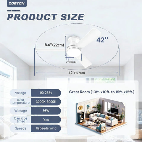 Diagram of Low Profile 42 Inch Ceiling Fan With Light And Remote Reversible Motor, showing dimensions and room size suitability.