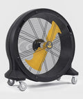 Kick Serious Heat To The Curb With This Heavy Duty 42 Inch Portable Barrel Fan Pumping 11044 Cfm Industrial Floor Cooling Via A Smooth Variable Speed Ec Motor And Rugged Steel Cage, black design on wheels.