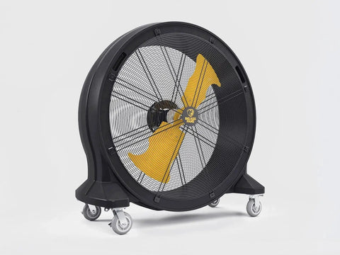 Kick Serious Heat To The Curb With This Heavy Duty 42 Inch Portable Barrel Fan Pumping 11044 Cfm Industrial Floor Cooling Via A Smooth Variable Speed Ec Motor And Rugged Steel Cage, black design on wheels.