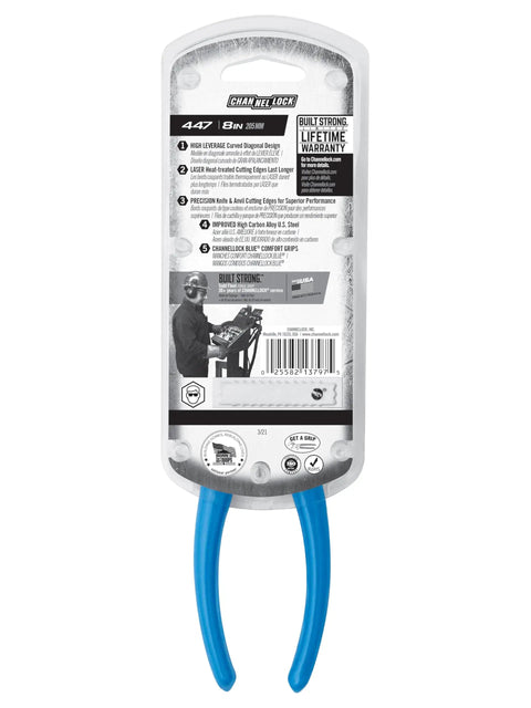 Back view of High Leverage Diagonal Cutting Pliers With Curved Jaw For Maximum Power And Less Strain, packaging visible