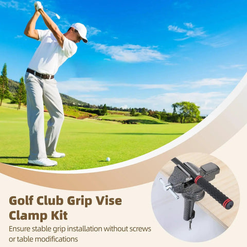 Golfer swinging with inset showing Golf Grip Vise Clamp Kit With 360 Degree Rotating Shaft Puller Pro Grade All In One Regripping Set