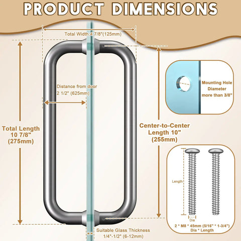Brushed Nickel Round Glass Shower Door Handle Replacement 6 8 10 Inch Double Sided Pull Push Door Bar Stainless Steel Hardware For One Quarter To One Half Inch Glass Center To Center 10 Inch Easy Install Sleek Modern Look dimensions diagram.