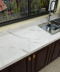 Glossy marble contact paper on kitchen countertop, marble contact paper for countertops and cabinets waterproof peel and stick vinyl wrap.
