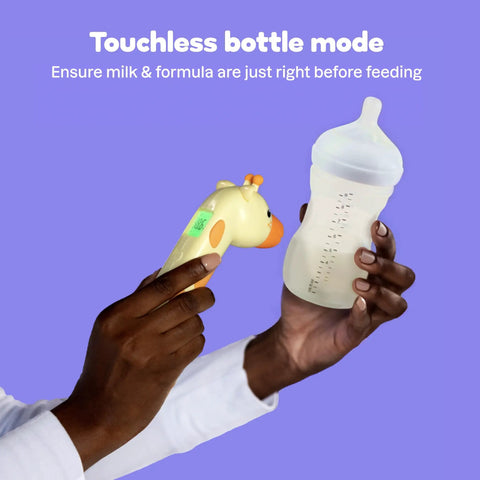 Touchless bottle mode with Giraffe Themed No-Touch 3 In 1 Baby And Kids Thermometer For Infants With Quick Forehead Ear And Body Temp Readings, Kid Friendly Design To Keep Toddlers Chill During Temp Checks. shown beside baby bottle