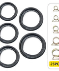 Fuel Line Hose Kit Five Foot Set With Twenty Five Clamps Includes Five Sizes Three Eighths Inch Five Sixteenths Inch One Quarter Inch One Half Inch Three Sixteenths Inch ID Durable Reinforced NBR Rubber Push Lock High Pressure 300 PSI For Small Engines showing hoses and clamps.