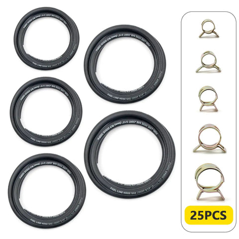 Fuel Line Hose Kit Five Foot Set With Twenty Five Clamps Includes Five Sizes Three Eighths Inch Five Sixteenths Inch One Quarter Inch One Half Inch Three Sixteenths Inch ID Durable Reinforced NBR Rubber Push Lock High Pressure 300 PSI For Small Engines showing hoses and clamps.