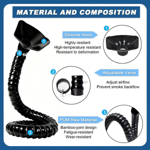 Pro Shop Ready 360 Swivel Fume Extractor With Bamboo Suction Tube And Rugged Exhaust Hose visible components and materials.