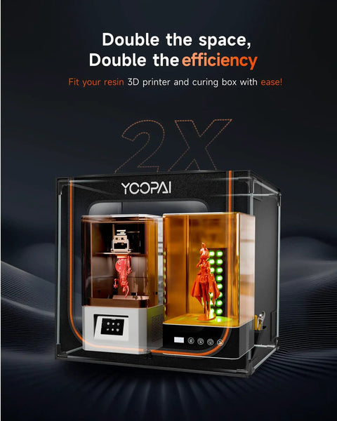 Dual Resin 3D Printer Enclosure With Vent Kit And LED Light Odor Busting Dustproof And Noise Reduction Large Internal Space 30 In By 19.7 In By 28.3 In Fits LCD Resin UV Printers, showing two printers inside.
