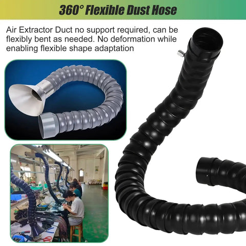 Adjustable Multi Position Exhaust Arm with Hood, flexible pipe for welding fume extraction, displayed in a workspace.
