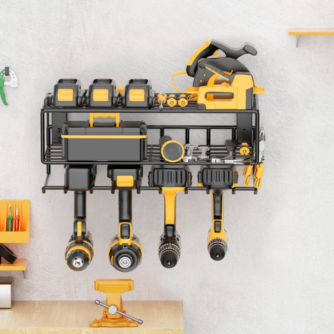 Power Tool Organizer Wall Mount Rack For Garage And Workshop, metal floating tool shelf with cordless drill storage.