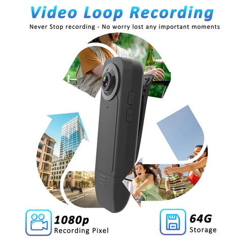 Wearable Mini Body Camera With 1080P HD Video And Audio, 64GB Card Included, pocket sized DV camcorder with loop recording feature.