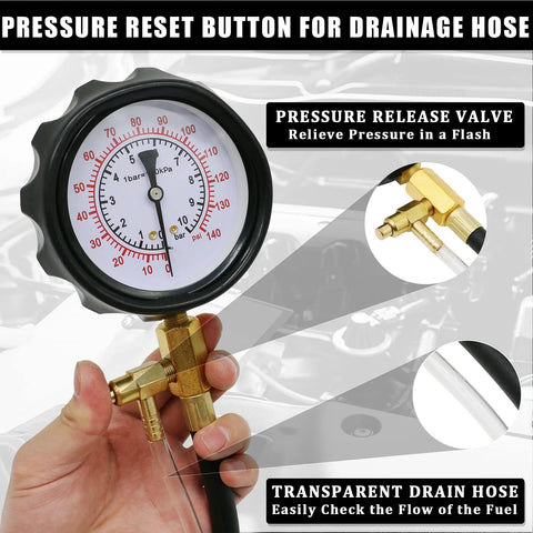 Fuel pressure tester kit with brass fittings and gauge, 0–140 psi, universal automotive diagnostic tool