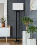 58 Inch Floor Lamp In Matte Black Finish With White Linen Rectangular Shade, Modern Geometric Cutout Design, E26 Base in living room