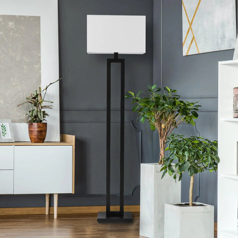 58 Inch Floor Lamp In Matte Black Finish With White Linen Rectangular Shade, Modern Geometric Cutout Design, E26 Base in living room