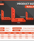 Product dimensions of 90 Degree Corner Clamp Set for Woodworking with sizes 3, 4, 6 inch; orange plastic clamps with height, width, length, thickness.