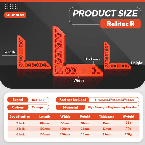 Product dimensions of 90 Degree Corner Clamp Set for Woodworking with sizes 3, 4, 6 inch; orange plastic clamps with height, width, length, thickness.