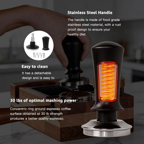Heavyweight Black Fifty Eight Millimeter Espresso Tamper Locks Tight To Any Standard Portafilter with stainless steel handle.
