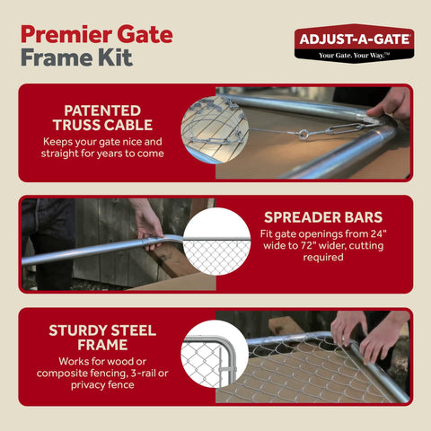 Premier Gate Frame Kit with patented truss cable, spreader bars for 24-72 inch openings, and sturdy steel frame.