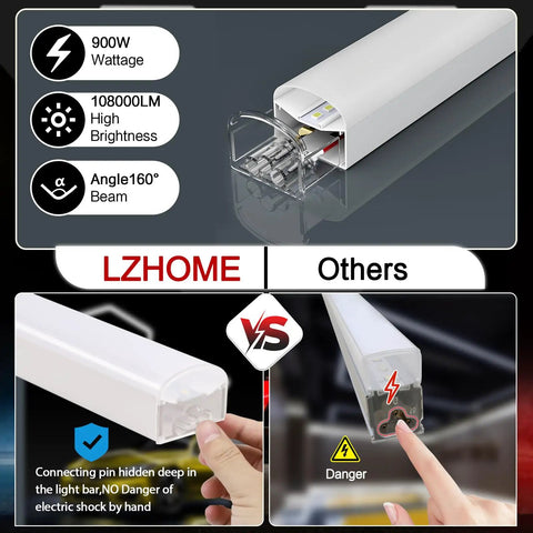 Comparison of Hexagonal LED Garage Light 12 Pack 210W 21600 Lumens vs other models with safety feature highlighted.