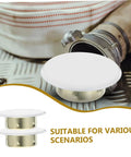 Four Pack Heavy Duty Metal Fire Sprinkler Nozzle Cover Plates on textured surface with fire hose in background, decorative design.