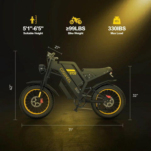 Side view of 2000W Fat Tire Electric Bike With Removable 48V 25Ah Battery Full Suspension And Dual Hydraulic Brakes 32 MPH Max Speed 20 Inch Dirt Bike For Commuting And Off Road