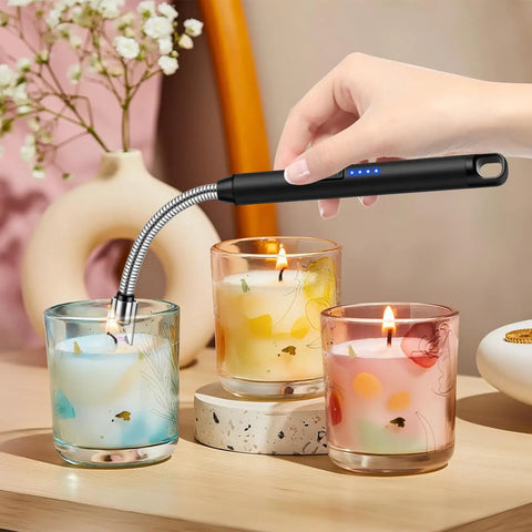 Hand using 2 Pack USB C Rechargeable Candle Lighters With 360 Degree Flexible Neck And Safety Lock to light candles