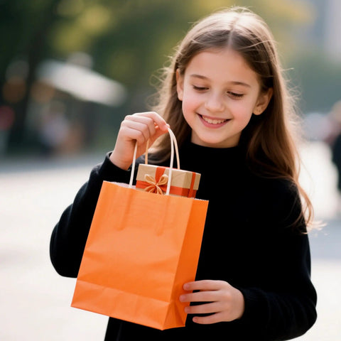 Girl holding orange bag from Small Kraft Gift Bags With Handles Set Of 32 In Rainbow Colors Five Point Eight By Three Point Two By Eight Point Two Five Inches Eco Friendly Party Favor Bags For Kids Birthday Baby Shower Weddings Crafts And Party Supplies