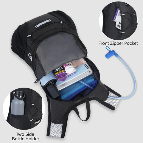 Ultra Lightweight Hydration Backpack for Runners and Cyclists, 2L Water Bladder with open compartments showing storage features