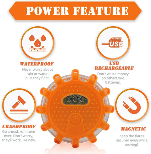 USB Rechargeable LED Road Flares Emergency Lights Kit With Magnetic Base Three Beacon Discs, waterproof, crashproof features