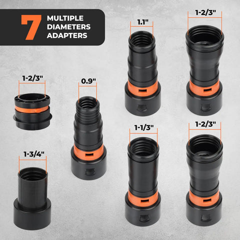 Must Have Seven Piece Hose Adapter Kit For 1-1/4 Inch Vacuum Hose With Universal Attachments And Fittings For Sanders And Circular Saws Includes Adapters In 1-2/3 1-1/3 1.1 0.9 And 1-3/4 Inches