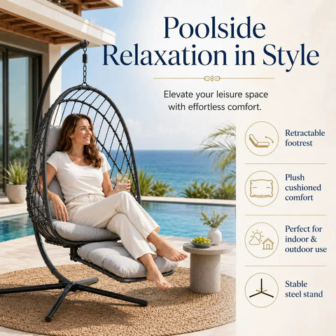 Woman relaxing in Comfy Hanging Egg Chair With Leg Rest And Stand In Gray by a pool, with plants in the background.