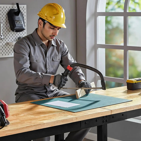 Worker using adjustable heavy duty workbench with four AC outlets and two USB ports, 2000 lbs capacity, rubber wood top
