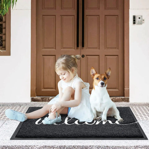 Child and dog on Black Door Mat For Entryway And High Traffic Areas, Non Slip Indoor Outdoor Welcome Mat With Low Profile Design