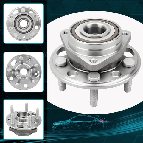 Front And Rear Wheel Bearing Hub Assembly With ABS Beefed Up 5 Lug For Cadillac XTS CTS Buick LaCrosse Regal Allure Chevrolet Equinox Malibu Impala GMC Terrain Saab 9 5, showing multiple views.